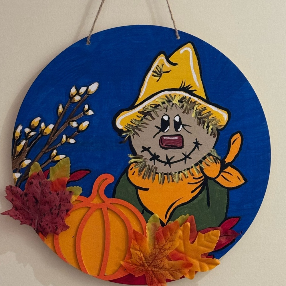 HAND CRAFTED- hand painted Autumn Scarecrow Wall Decor with Pumpkin and Leaves